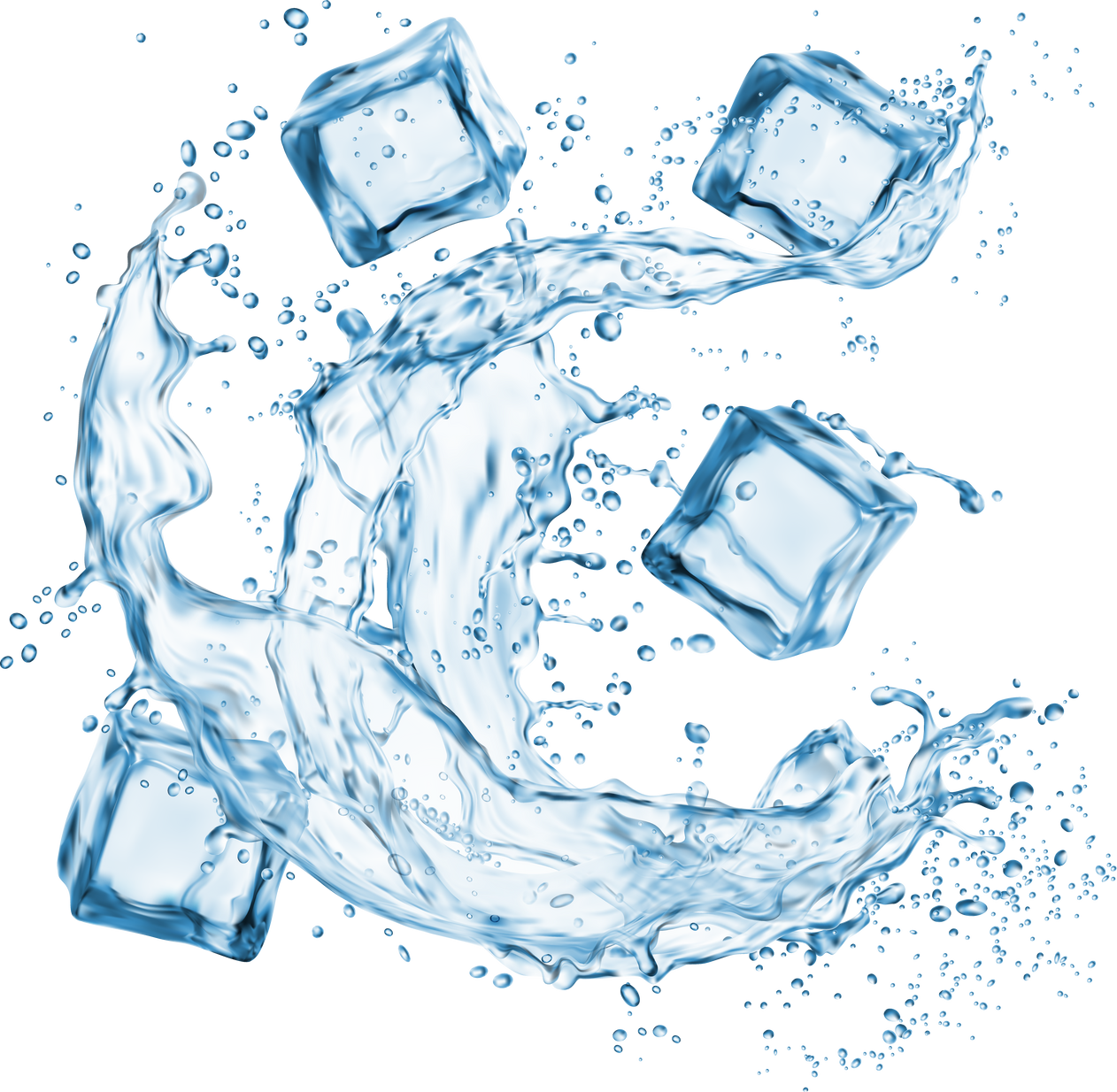 Liquid blue water swirl splash with ice cubes