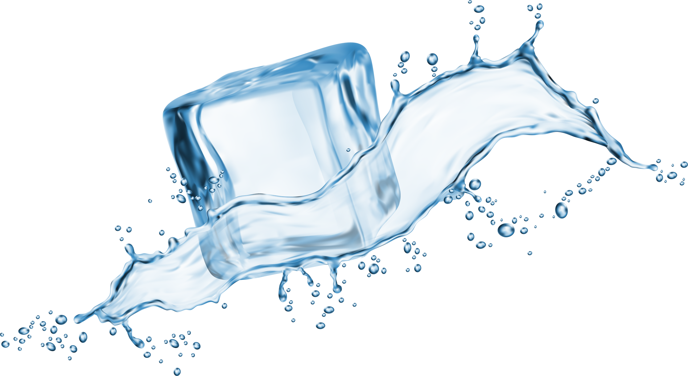 Water wave splash and ice cube with drops in flow